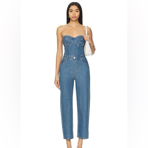Steve Madden Women's Blue Denim Jeans Jumpsuit strapless - Picture 1 of 3